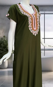 Dark Green Embroidery Soft Cotton Nighty. Soft Breathable Fabric | Laces and Frills - Laces and Frills