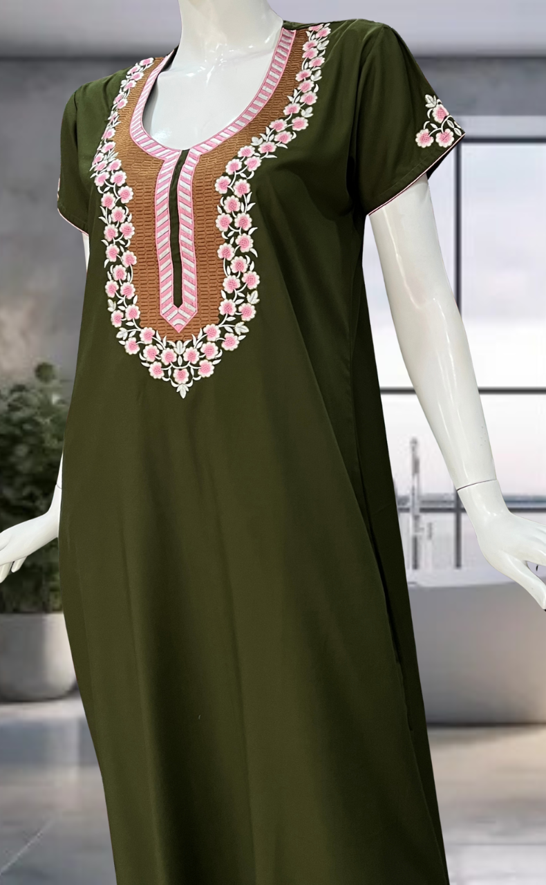 Dark Green Embroidery Soft Cotton Nighty. Soft Breathable Fabric | Laces and Frills - Laces and Frills