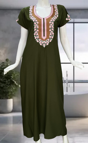 Dark Green Embroidery Soft Cotton Nighty. Soft Breathable Fabric | Laces and Frills - Laces and Frills
