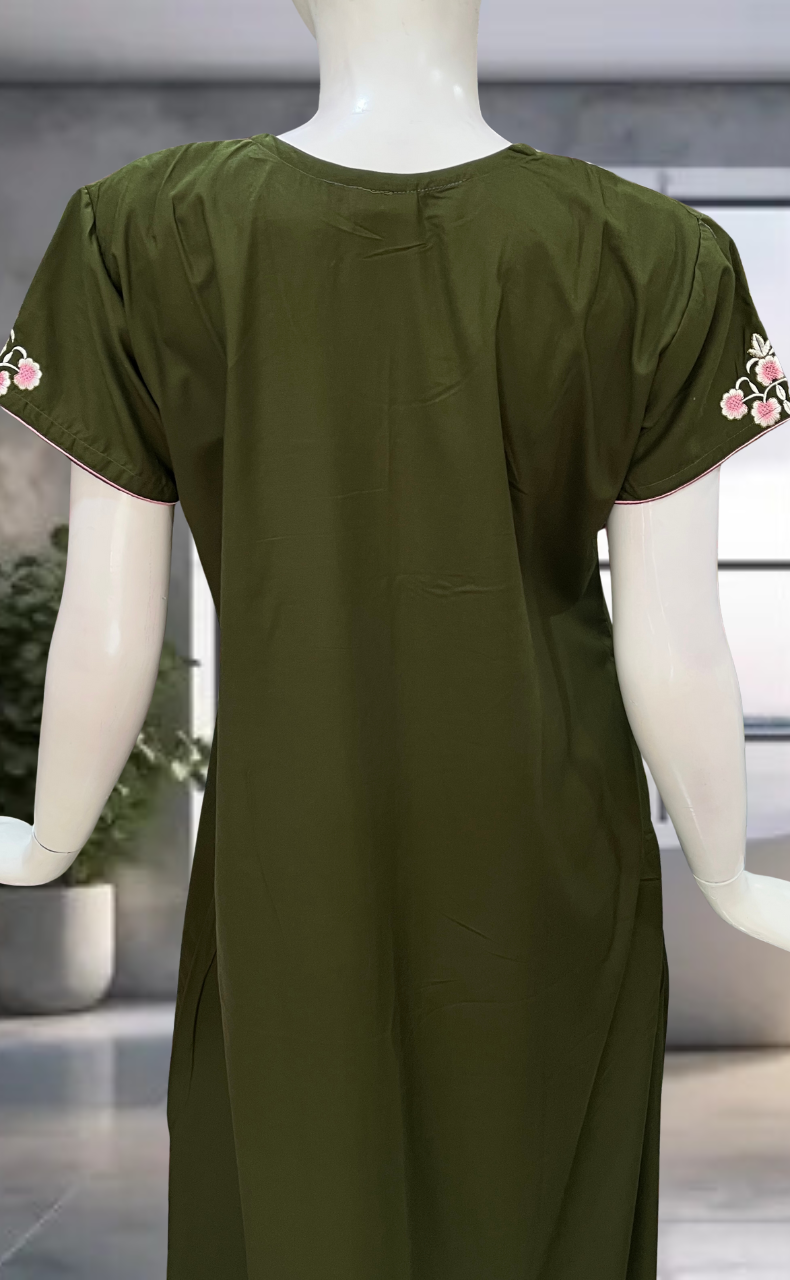 Dark Green Embroidery Soft Cotton Nighty. Soft Breathable Fabric | Laces and Frills - Laces and Frills