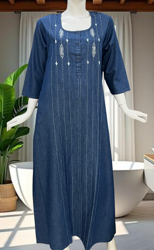 Blue Floral Denim Long Sleeve Nighty. Denim Cotton | Laces and Frills - Laces and Frills