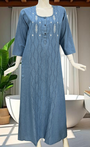 Light Blue Floral Denim Long Sleeve Nighty. Denim Cotton | Laces and Frills - Laces and Frills