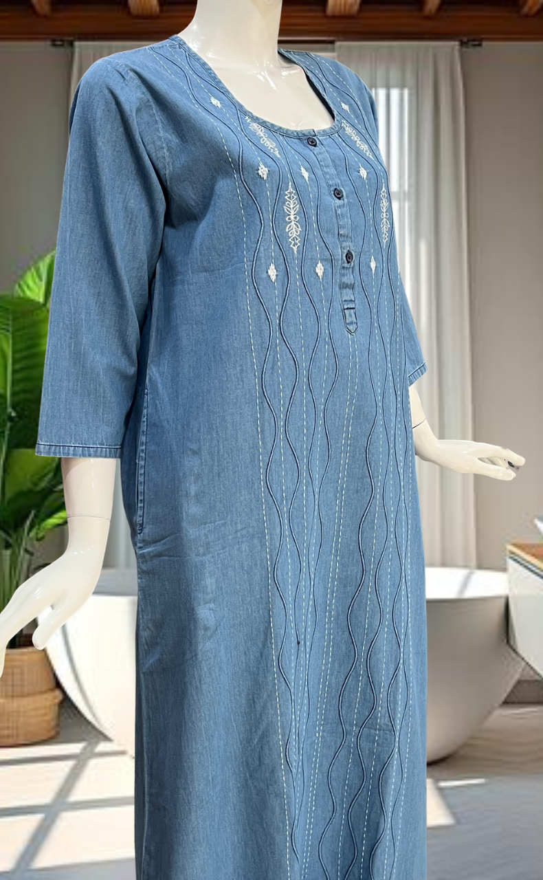 Light Blue Floral Denim Long Sleeve Nighty. Denim Cotton | Laces and Frills - Laces and Frills