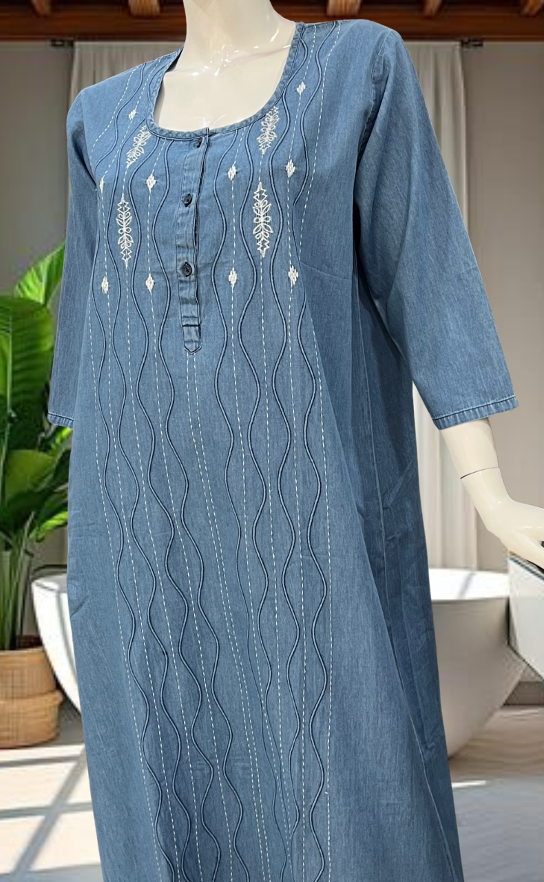 Light Blue Floral Denim Long Sleeve Nighty. Denim Cotton | Laces and Frills - Laces and Frills