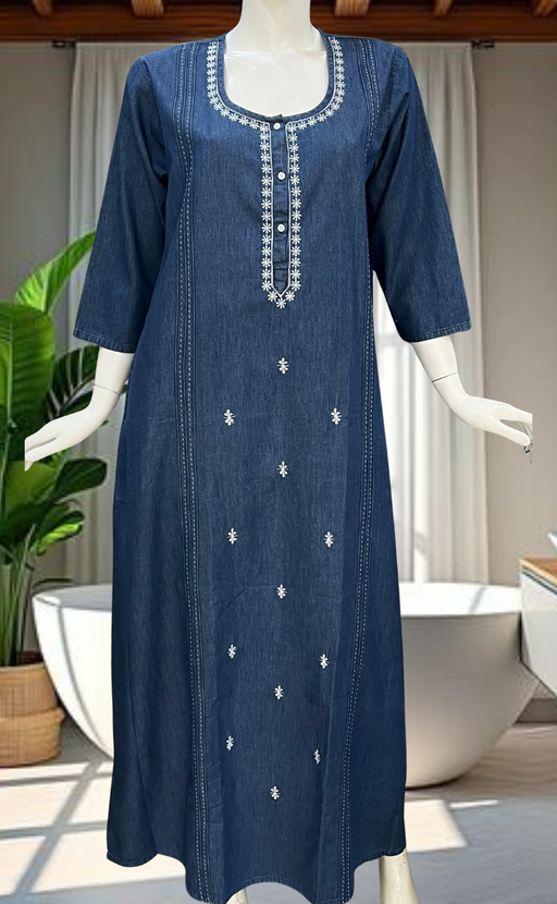 Blue Floral Denim Long Sleeve Nighty. Denim Cotton | Laces and Frills - Laces and Frills