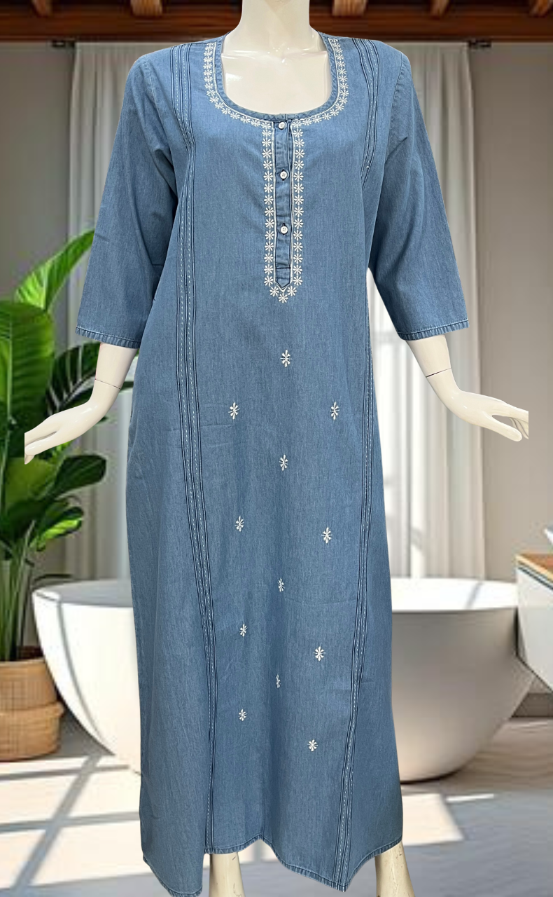 Light Blue Floral Denim Long Sleeve Nighty. Denim Cotton | Laces and Frills - Laces and Frills