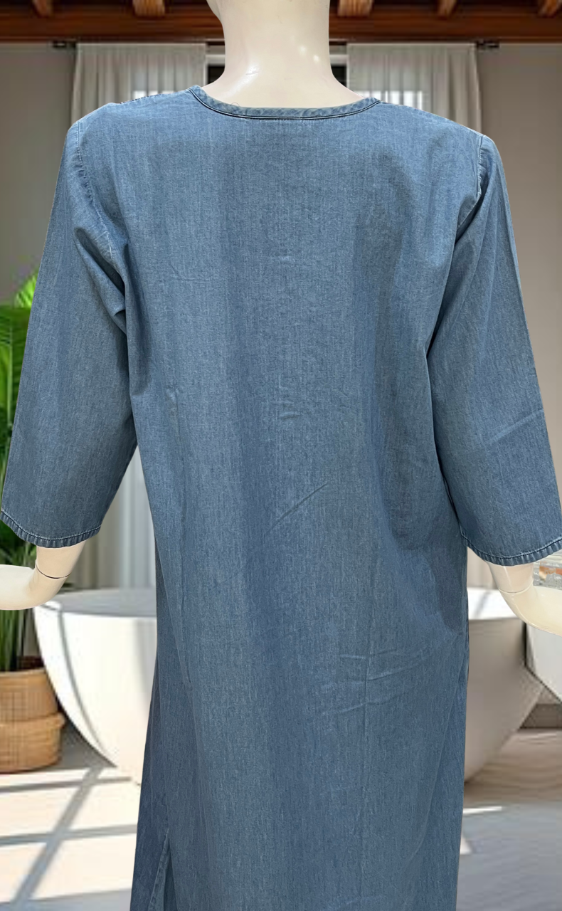 Light Blue Floral Denim Long Sleeve Nighty. Denim Cotton | Laces and Frills - Laces and Frills