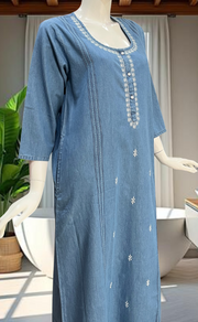 Light Blue Floral Denim Long Sleeve Nighty. Denim Cotton | Laces and Frills - Laces and Frills