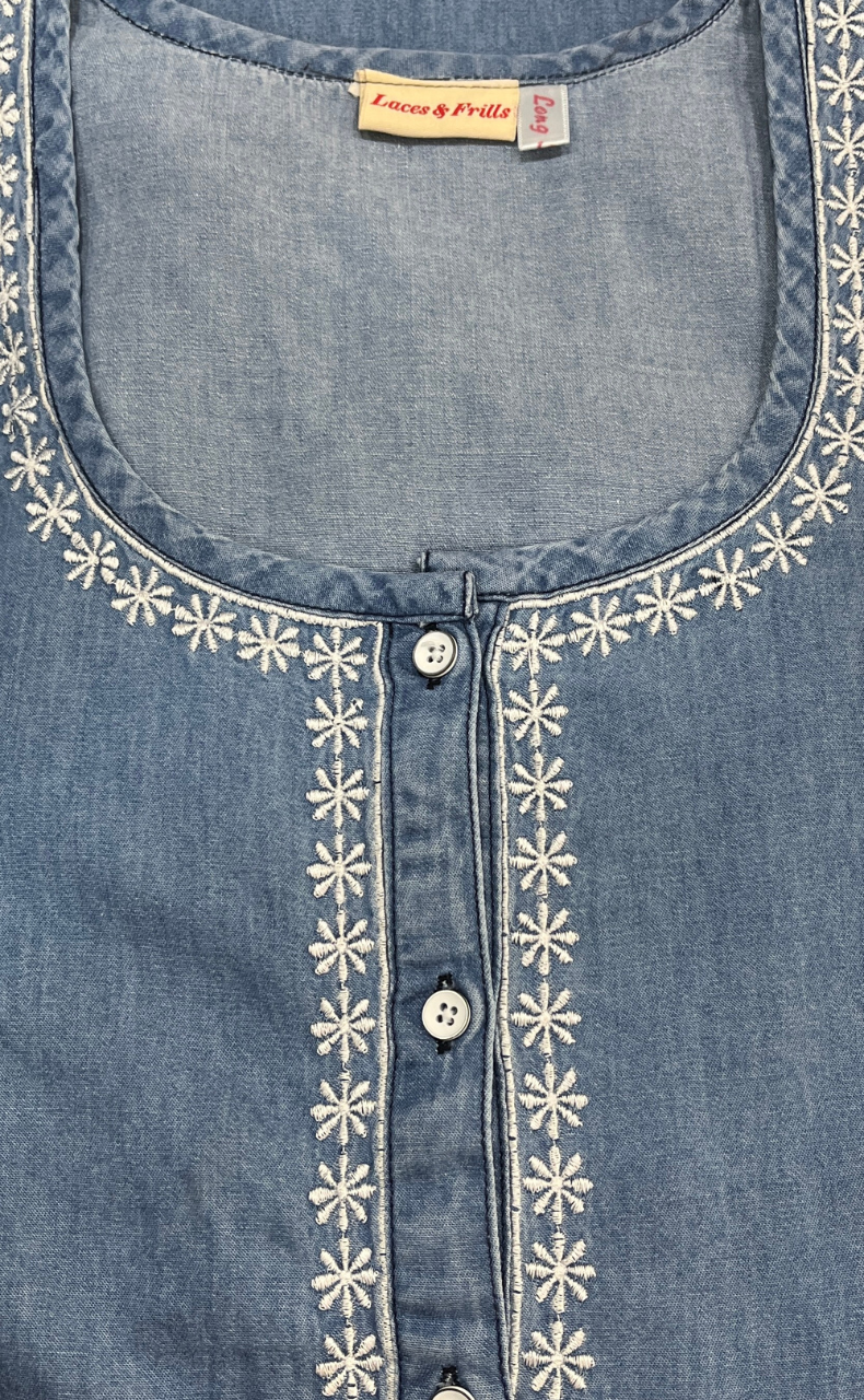 Light Blue Floral Denim Long Sleeve Nighty. Denim Cotton | Laces and Frills - Laces and Frills