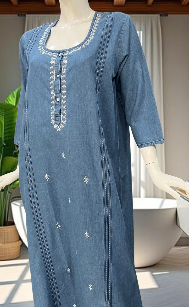 Light Blue Floral Denim Long Sleeve Nighty. Denim Cotton | Laces and Frills - Laces and Frills