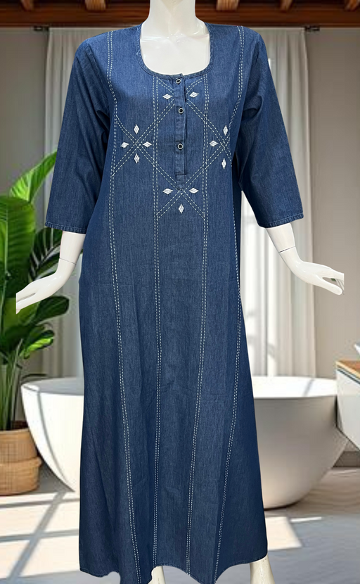 Blue Floral Denim Long Sleeve Nighty. Denim Cotton | Laces and Frills - Laces and Frills