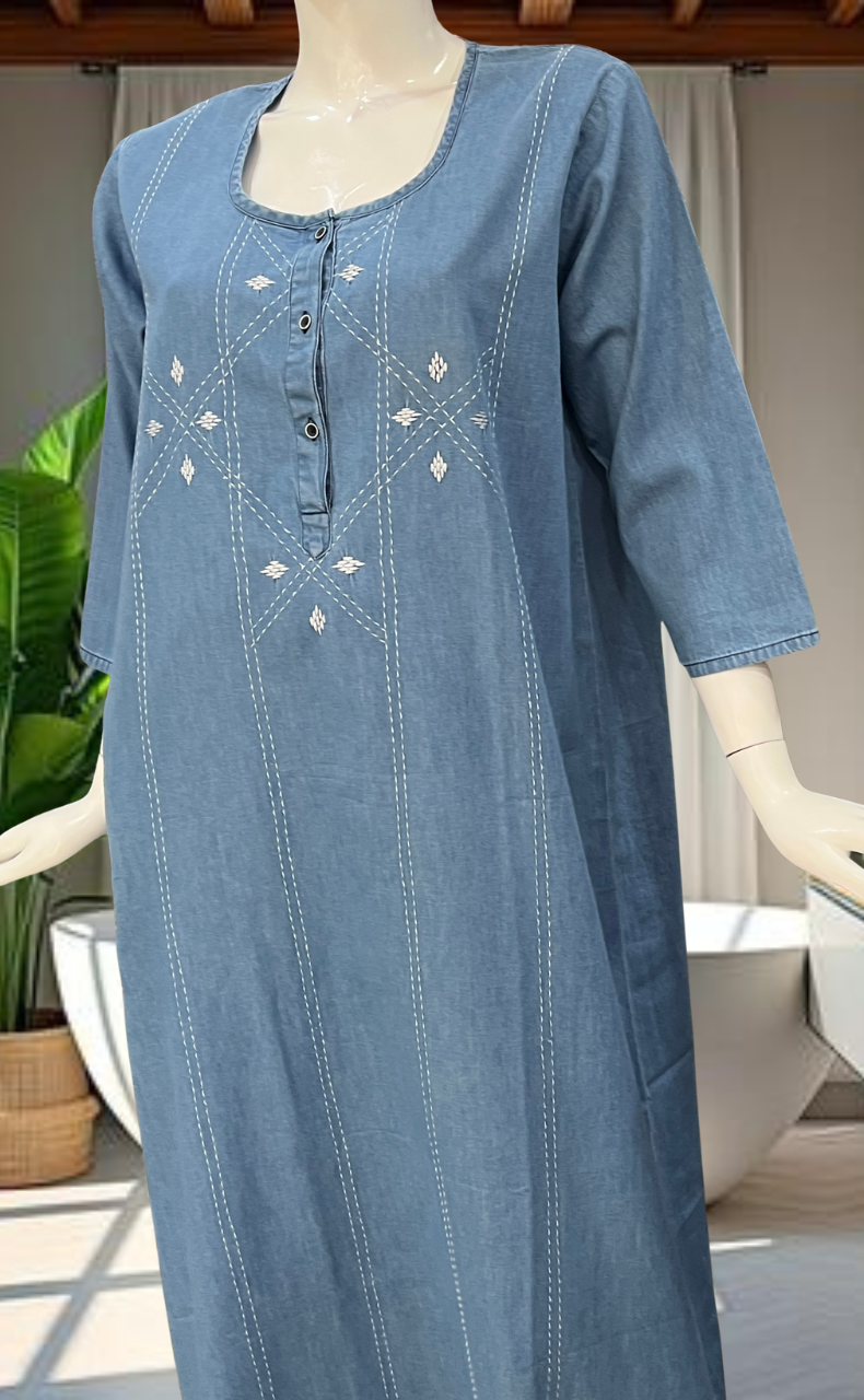 Light Blue Floral Denim Long Sleeve Nighty. Denim Cotton | Laces and Frills - Laces and Frills