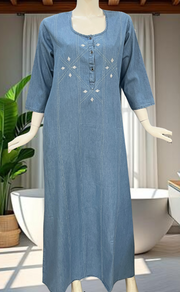 Light Blue Floral Denim Long Sleeve Nighty. Denim Cotton | Laces and Frills - Laces and Frills