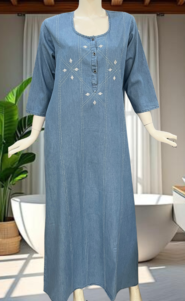 Light Blue Floral Denim Long Sleeve Nighty. Denim Cotton | Laces and Frills - Laces and Frills