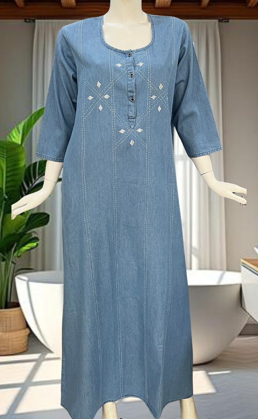 Light Blue Floral Denim Long Sleeve Nighty. Denim Cotton | Laces and Frills - Laces and Frills