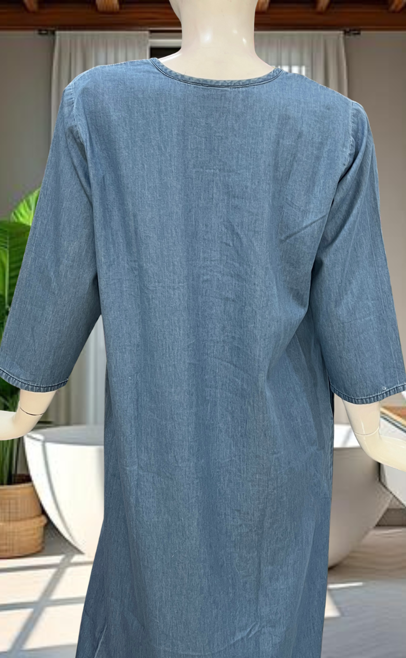 Light Blue Floral Denim Long Sleeve Nighty. Denim Cotton | Laces and Frills - Laces and Frills