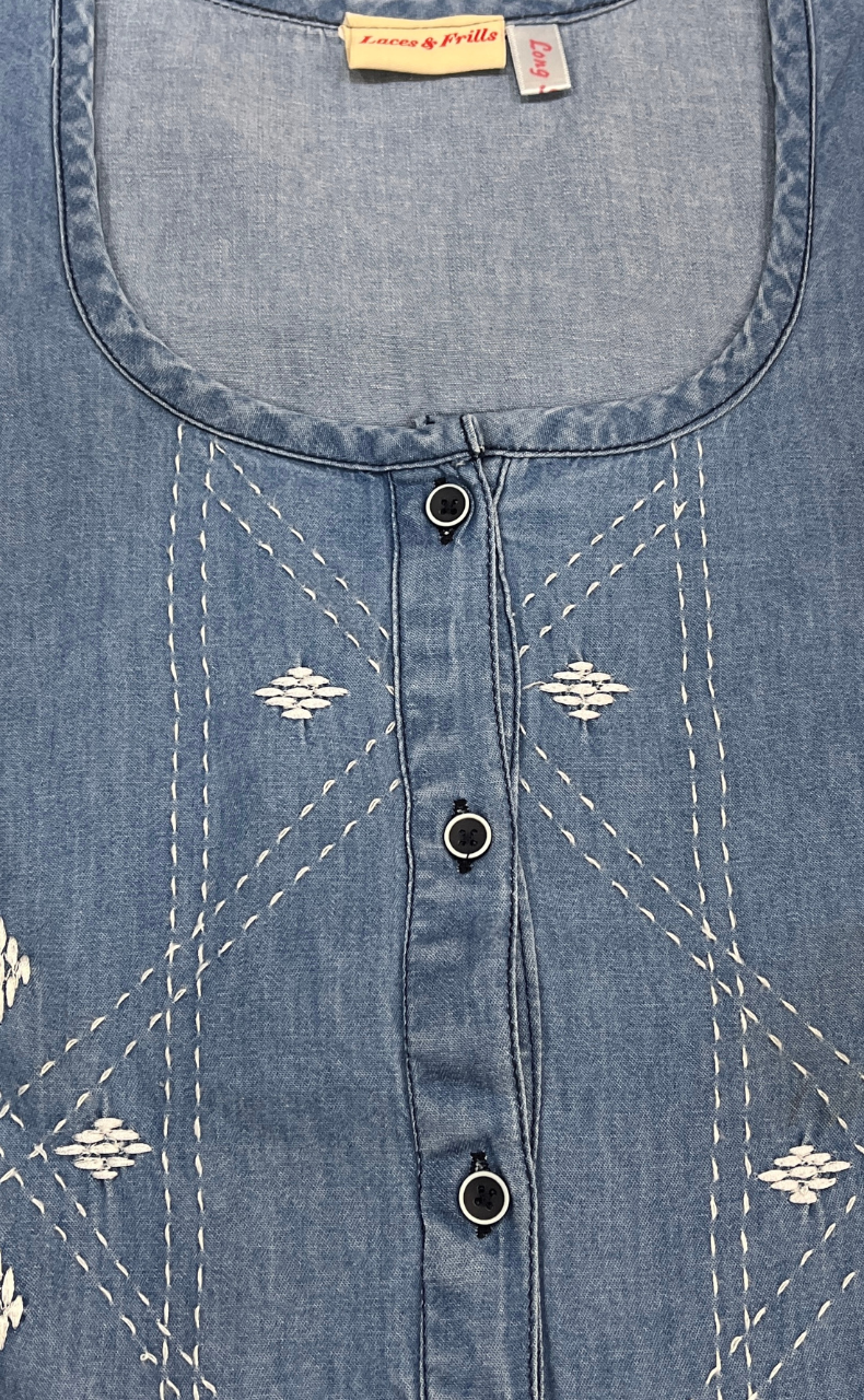 Light Blue Floral Denim Long Sleeve Nighty. Denim Cotton | Laces and Frills - Laces and Frills