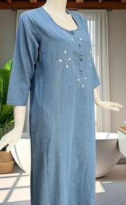 Light Blue Floral Denim Long Sleeve Nighty. Denim Cotton | Laces and Frills - Laces and Frills