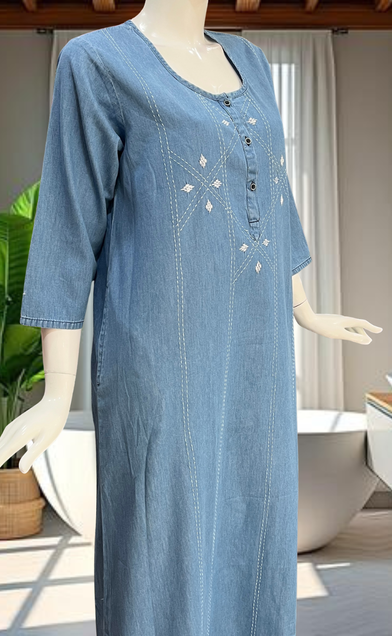 Light Blue Floral Denim Long Sleeve Nighty. Denim Cotton | Laces and Frills - Laces and Frills