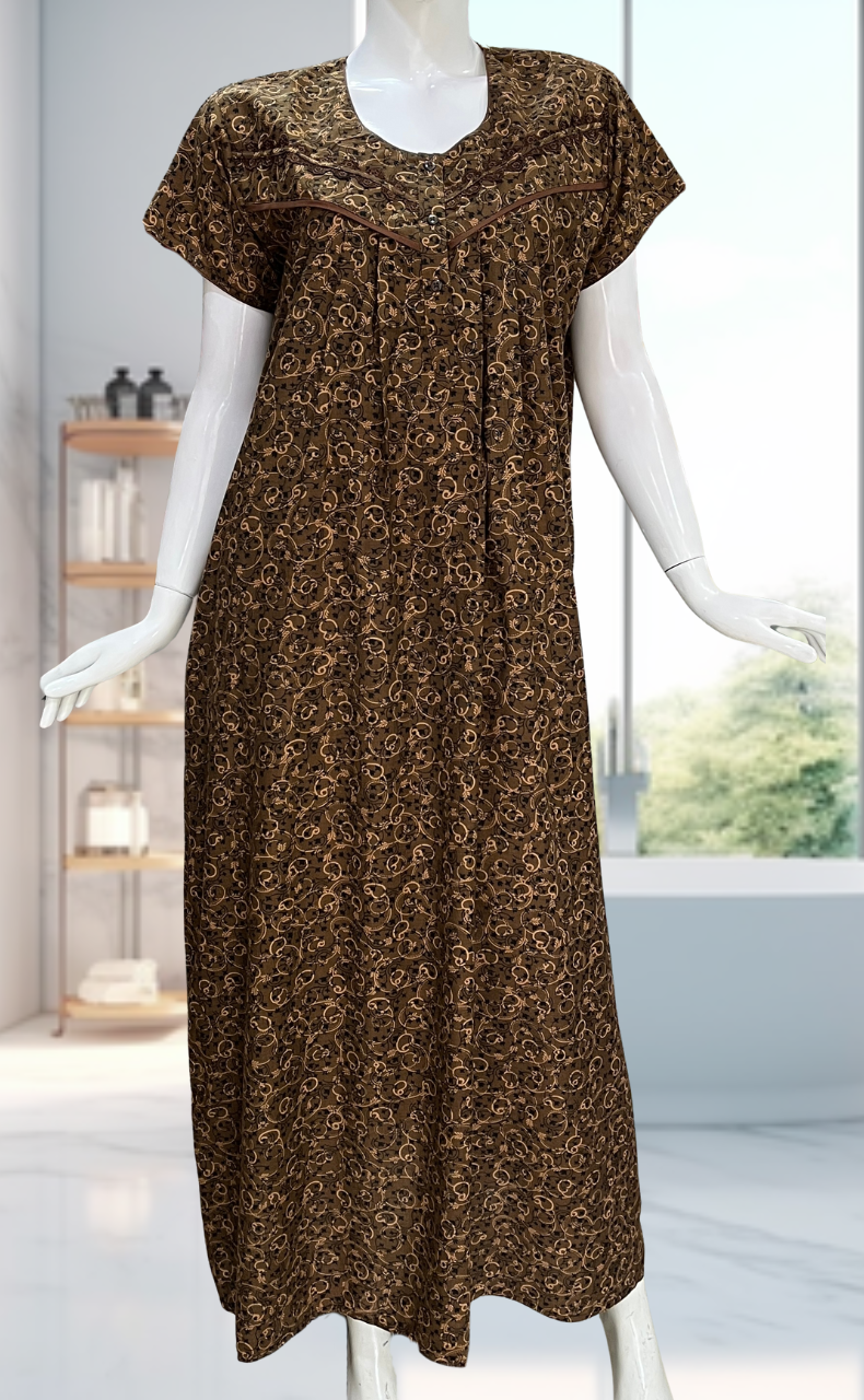 Brown Garden Soft Cotton Nighty. Soft Breathable Fabric | Laces and Frills - Laces and Frills