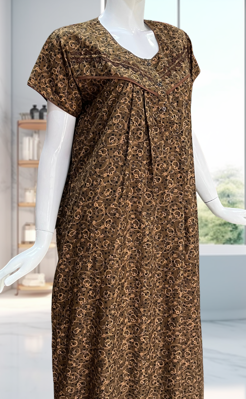 Brown Garden Soft Cotton Nighty. Soft Breathable Fabric | Laces and Frills - Laces and Frills