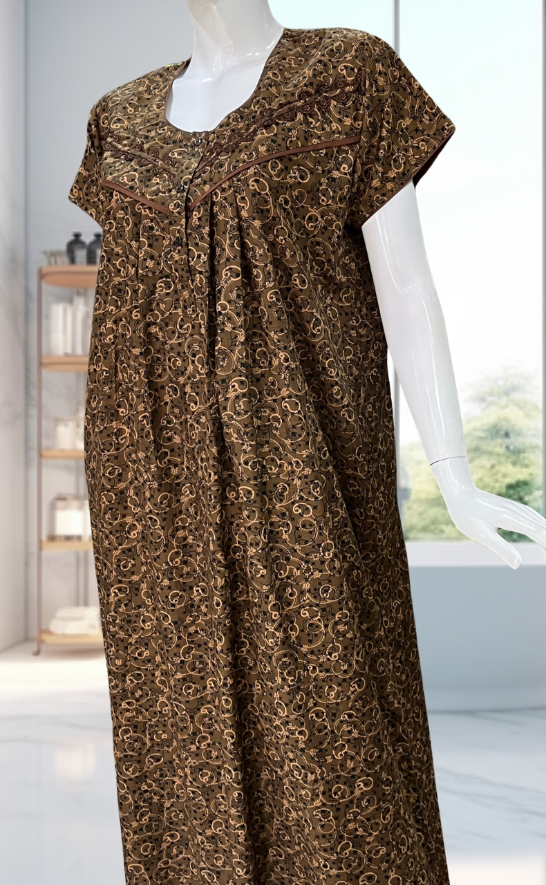 Brown Garden Soft Cotton Nighty. Soft Breathable Fabric | Laces and Frills - Laces and Frills