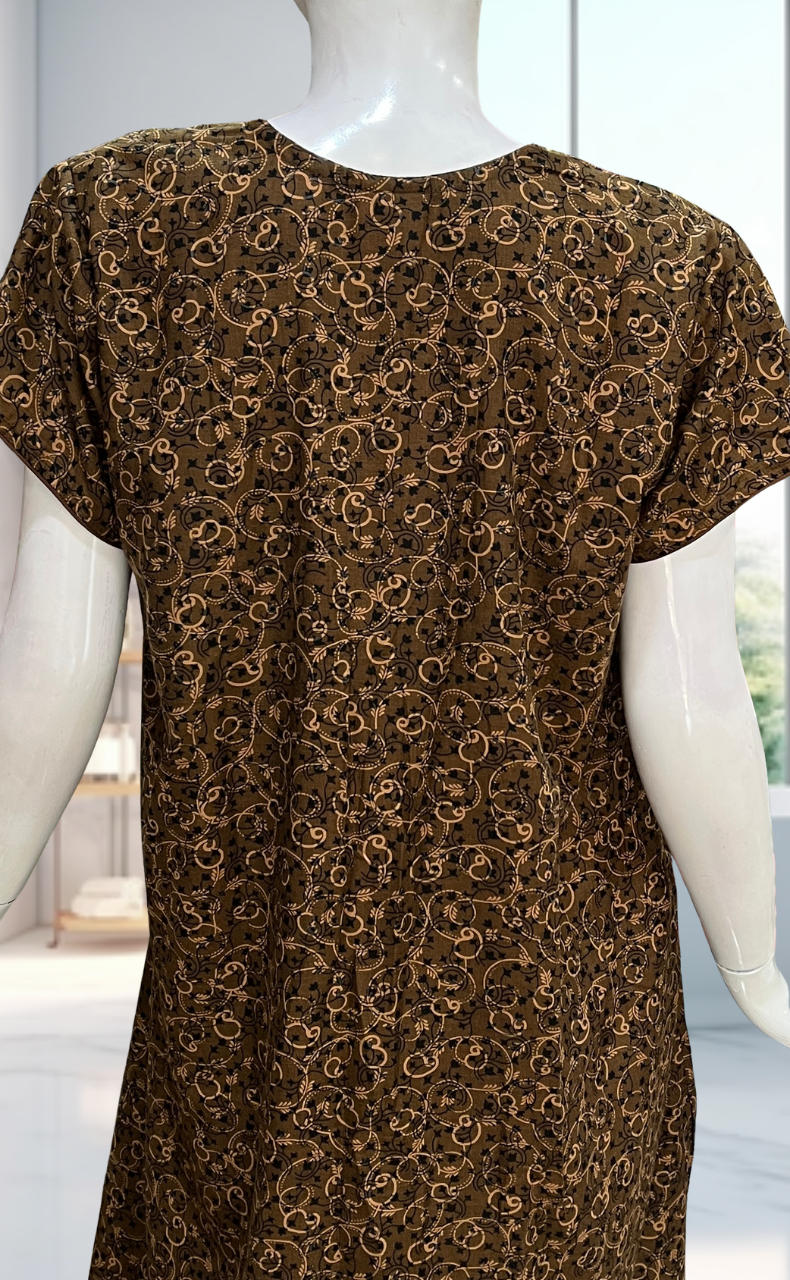 Brown Garden Soft Cotton Nighty. Soft Breathable Fabric | Laces and Frills - Laces and Frills