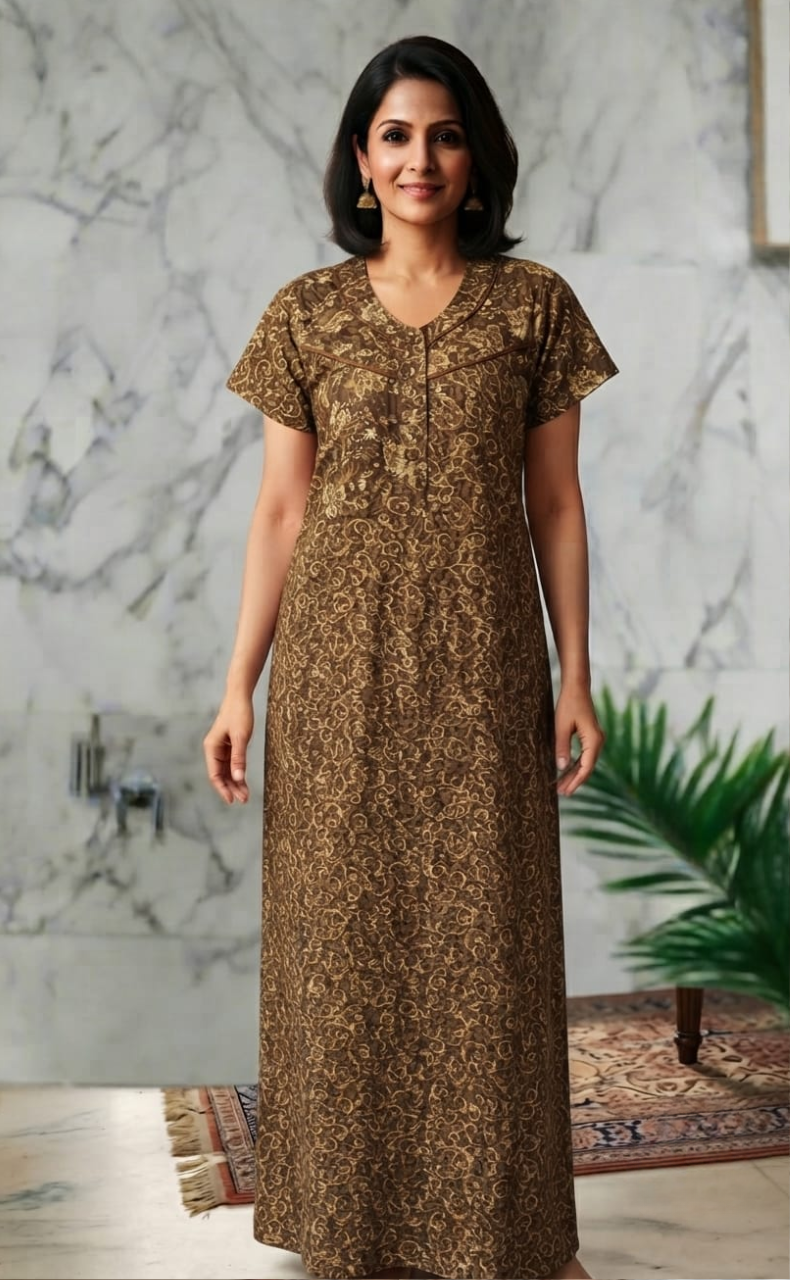 Brown Garden Soft Cotton Nighty. Soft Breathable Fabric | Laces and Frills