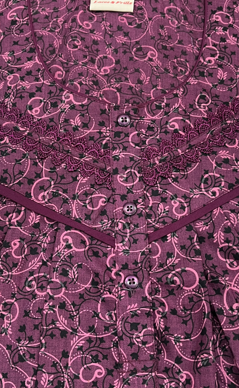 Beetroot Pink Garden Soft Cotton Nighty. Soft Breathable Fabric | Laces and Frills - Laces and Frills