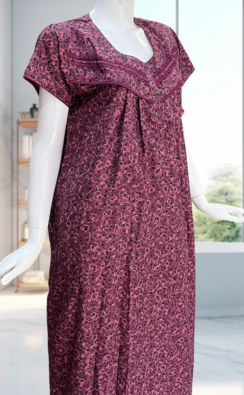 Beetroot Pink Garden Soft Cotton Nighty. Soft Breathable Fabric | Laces and Frills - Laces and Frills