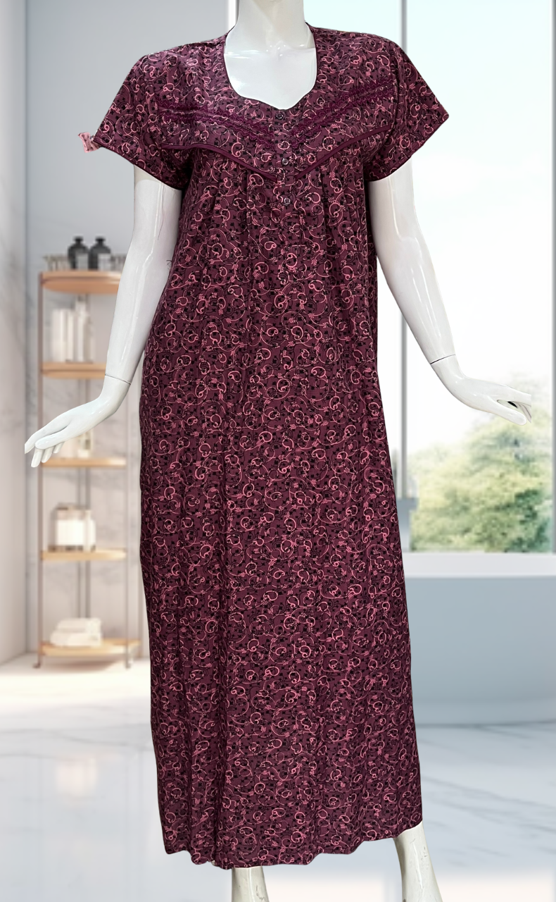 Beetroot Pink Garden Soft Cotton Nighty. Soft Breathable Fabric | Laces and Frills - Laces and Frills