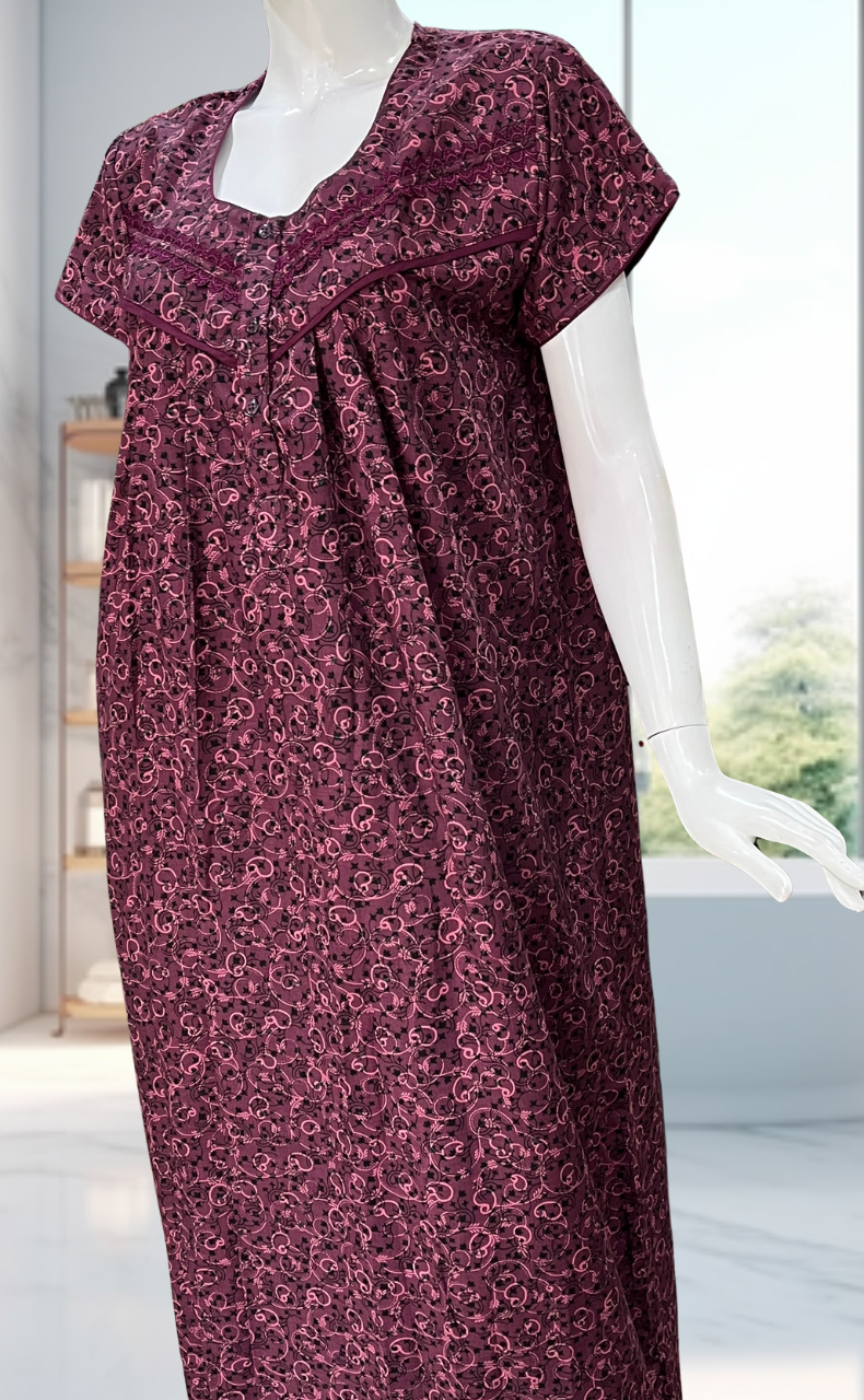 Beetroot Pink Garden Soft Cotton Nighty. Soft Breathable Fabric | Laces and Frills - Laces and Frills