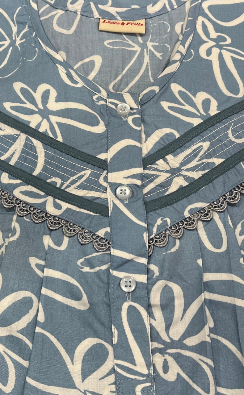 Light Blue Garden Soft Cotton Nighty. Soft Breathable Fabric | Laces and Frills - Laces and Frills