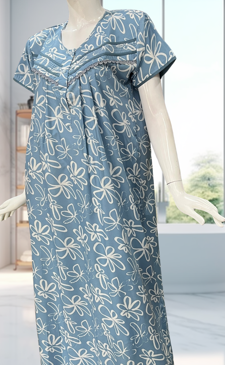 Light Blue Garden Soft Cotton Nighty. Soft Breathable Fabric | Laces and Frills - Laces and Frills