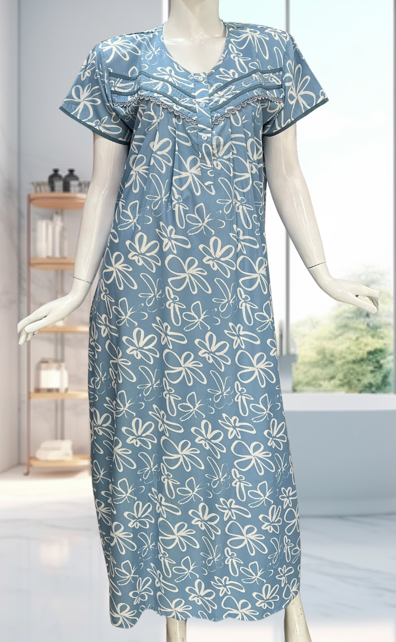 Light Blue Garden Soft Cotton Nighty. Soft Breathable Fabric | Laces and Frills - Laces and Frills