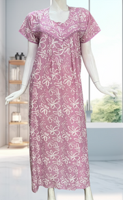 English Pink Garden Soft Cotton Nighty. Soft Breathable Fabric | Laces and Frills - Laces and Frills