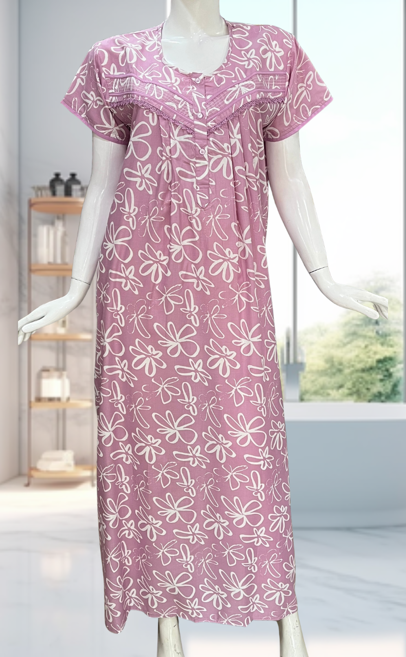 English Pink Garden Soft Cotton Nighty. Soft Breathable Fabric | Laces and Frills - Laces and Frills