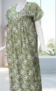 Pista Green Garden Soft Cotton Nighty. Soft Breathable Fabric | Laces and Frills - Laces and Frills