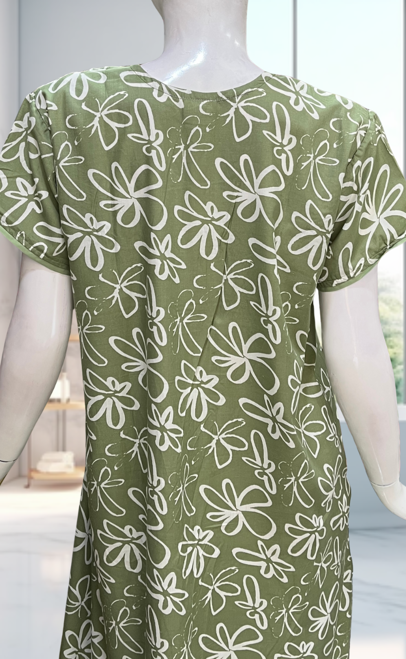 Pista Green Garden Soft Cotton Nighty. Soft Breathable Fabric | Laces and Frills - Laces and Frills