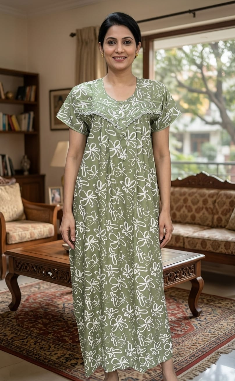 Pista Green Garden Soft Cotton Nighty. Soft Breathable Fabric | Laces and Frills