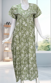 Pista Green Garden Soft Cotton Nighty. Soft Breathable Fabric | Laces and Frills - Laces and Frills