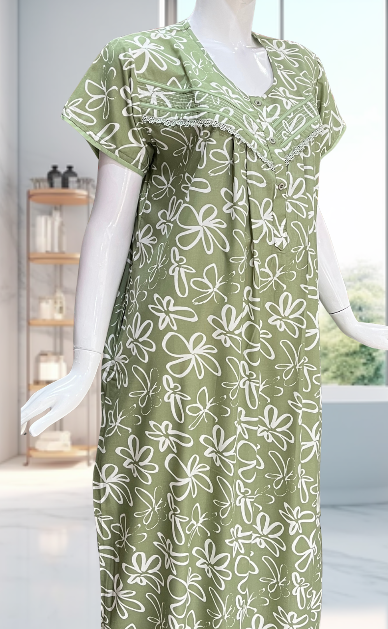 Pista Green Garden Soft Cotton Nighty. Soft Breathable Fabric | Laces and Frills - Laces and Frills