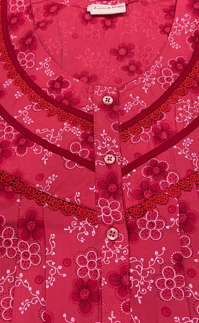 Red Tiny Flora Soft Cotton Nighty. Soft Breathable Fabric | Laces and Frills - Laces and Frills