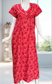Red Tiny Flora Soft Cotton Nighty. Soft Breathable Fabric | Laces and Frills - Laces and Frills