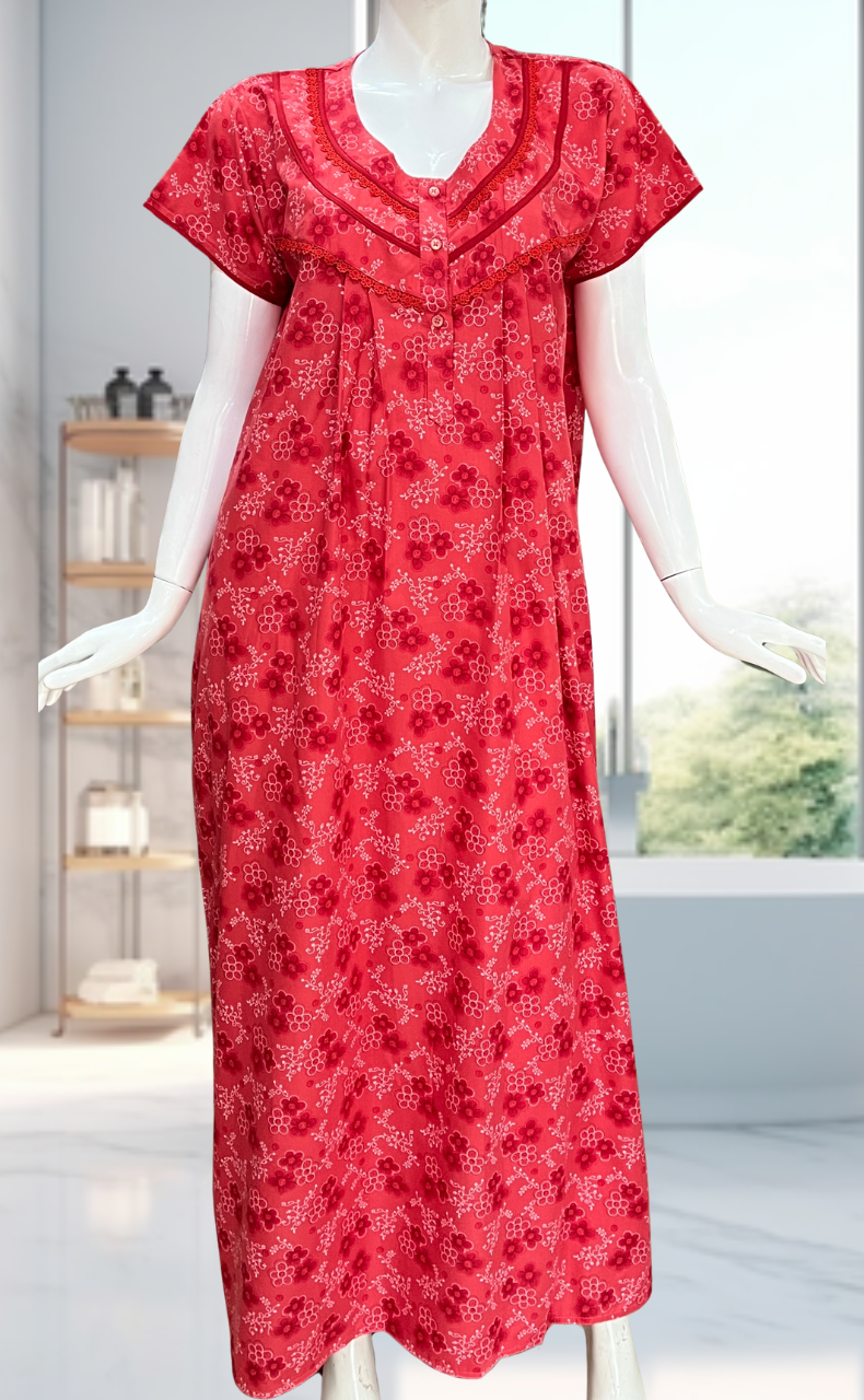 Red Tiny Flora Soft Cotton Nighty. Soft Breathable Fabric | Laces and Frills - Laces and Frills