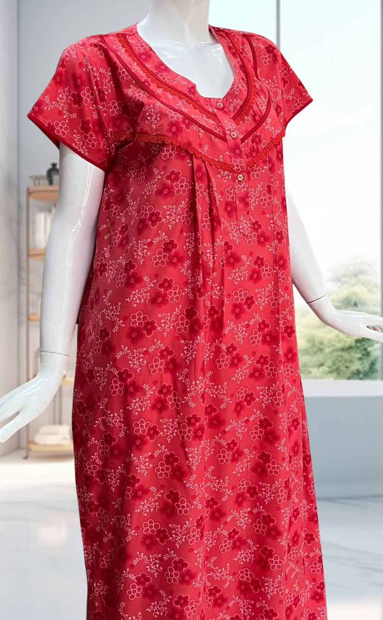 Red Tiny Flora Soft Cotton Nighty. Soft Breathable Fabric | Laces and Frills - Laces and Frills