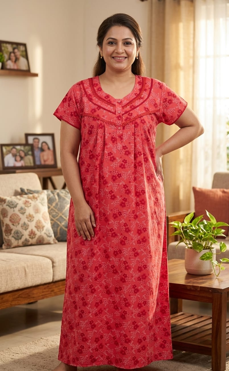 Red Tiny Flora Soft Cotton Nighty. Soft Breathable Fabric | Laces and Frills