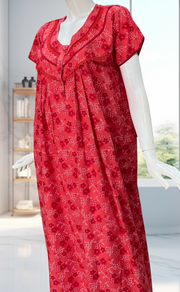 Red Tiny Flora Soft Cotton Nighty. Soft Breathable Fabric | Laces and Frills - Laces and Frills
