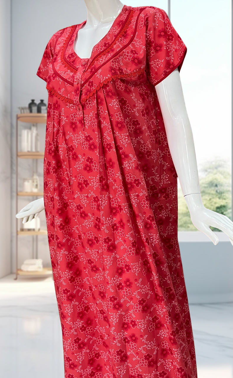 Red Tiny Flora Soft Cotton Nighty. Soft Breathable Fabric | Laces and Frills - Laces and Frills