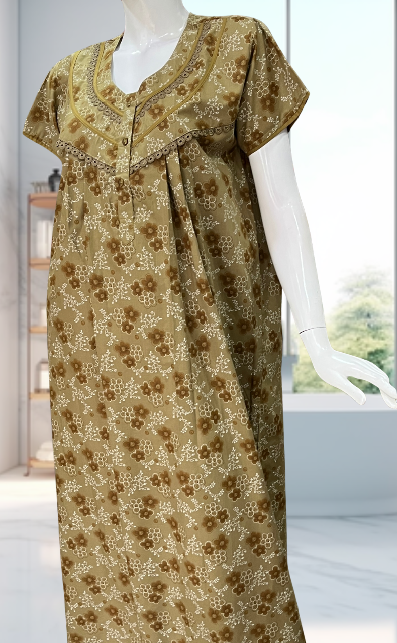 Brown Tiny Flora Soft Cotton Nighty. Soft Breathable Fabric | Laces and Frills - Laces and Frills